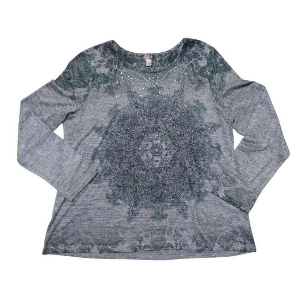 White Stag Blouse Women XXL Gray Green Paisley Knit Long Sleeves Rhinestones‎